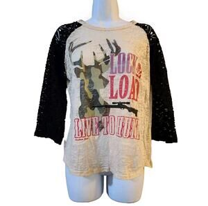 Southern Grace Womens Burnout Top Size M Sheer Love Hunting Camo Deer Raglan Tee